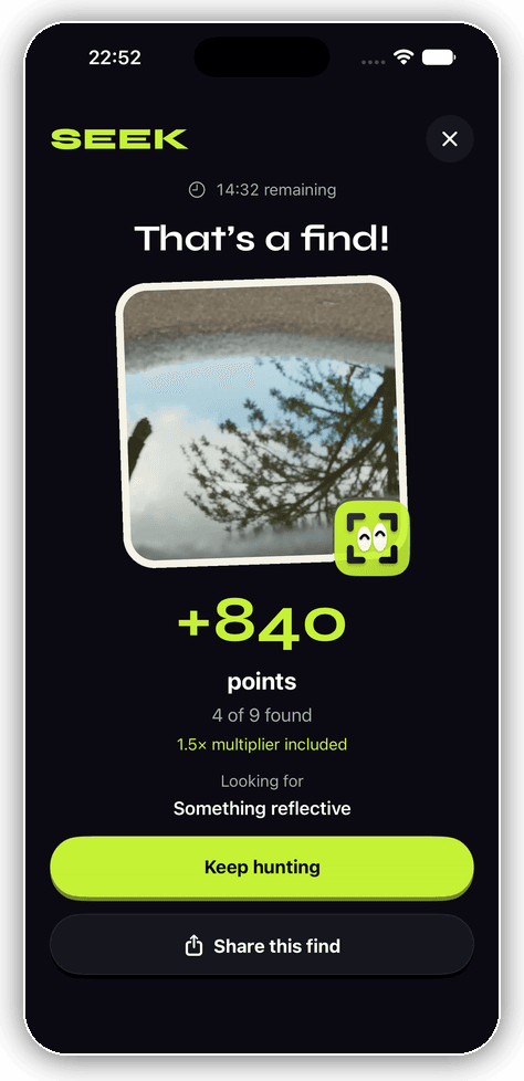 A successful reflective find earning 840 points in Seek